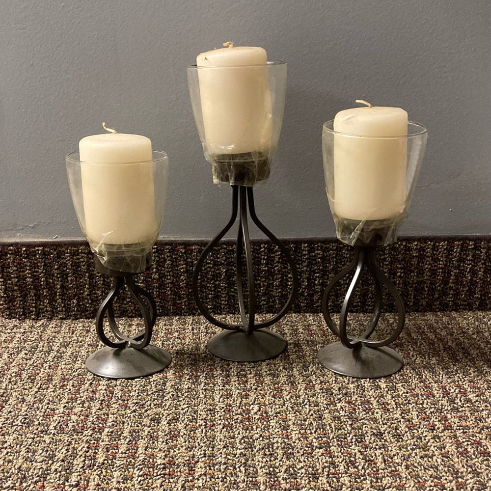 Set of 3 Wrought Iron & Glass Candle Holders